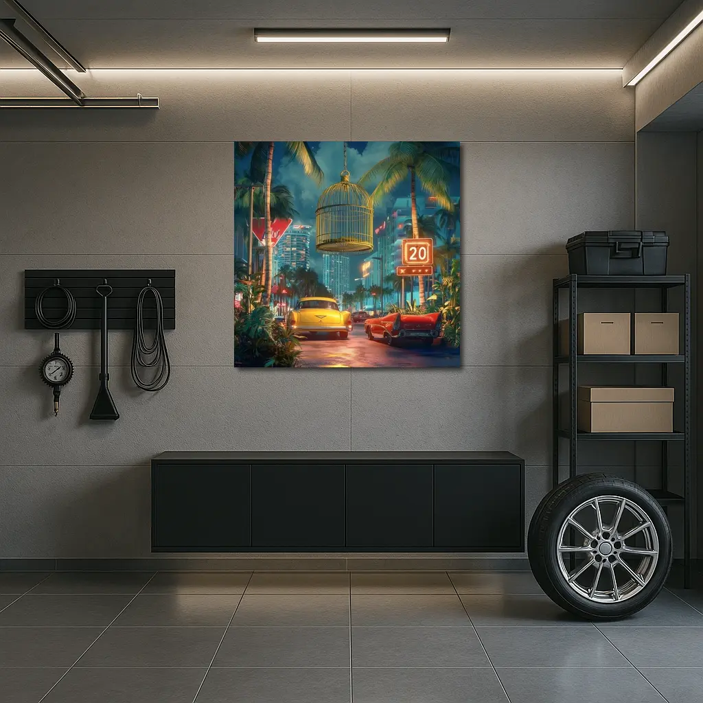 Retro Classic Cars Miami Neon Night Scene – Wall Art