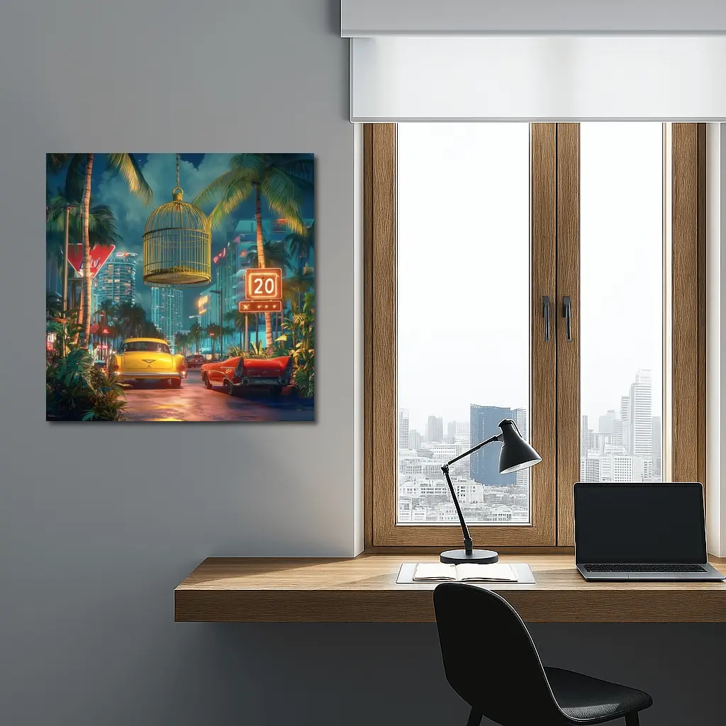 Retro Classic Cars Miami Neon Night Scene – Wall Art
