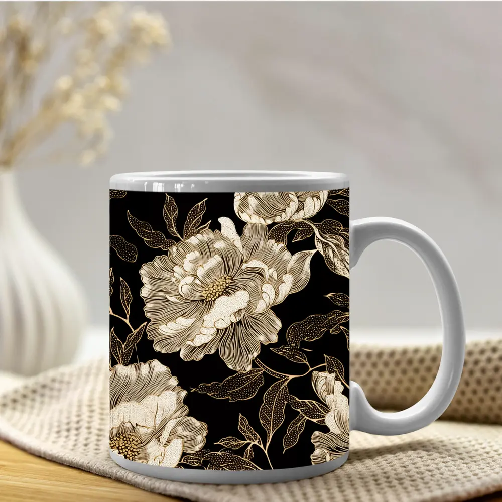 Black Gold Peony Floral Pattern Art – Mugs