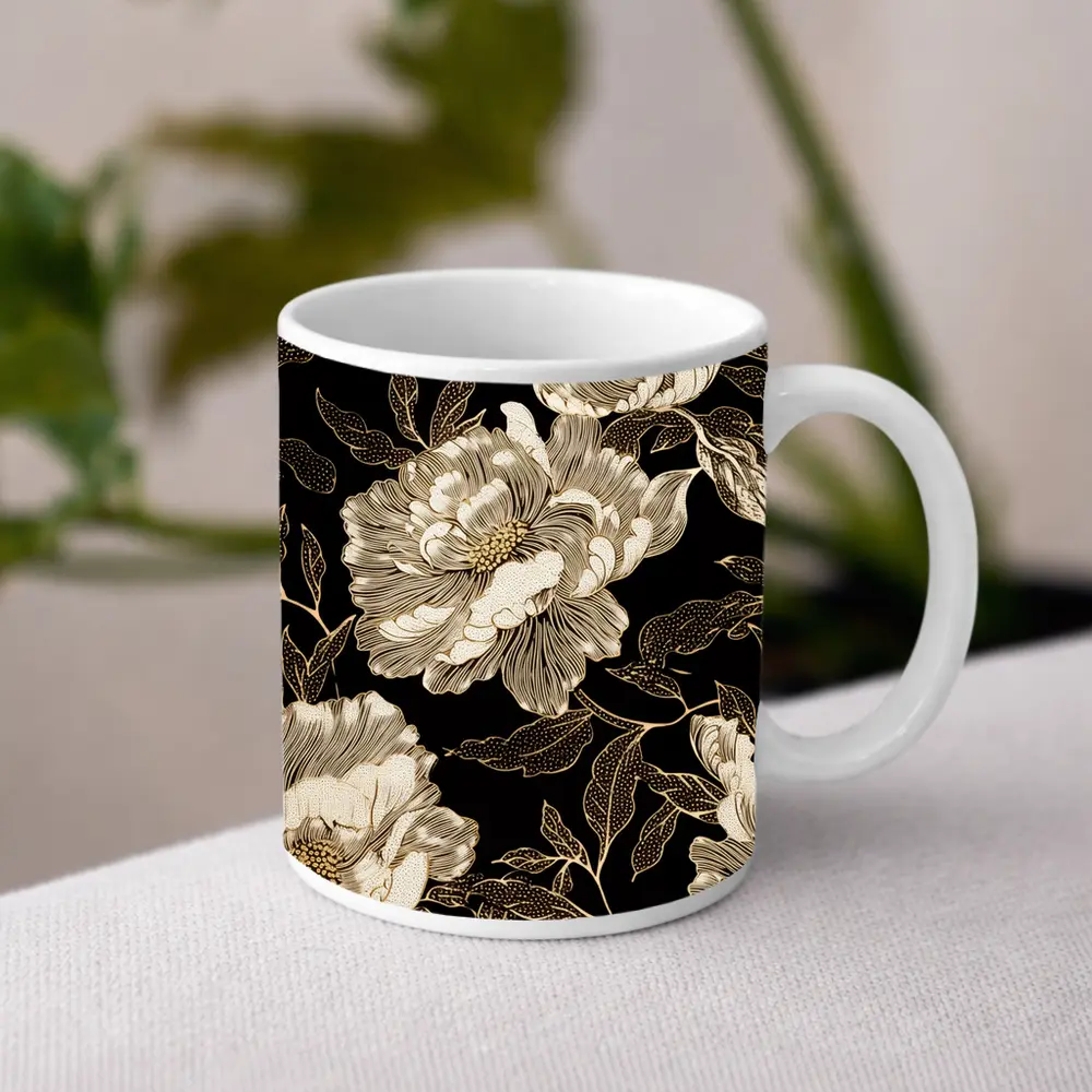Black Gold Peony Floral Pattern Art – Mugs