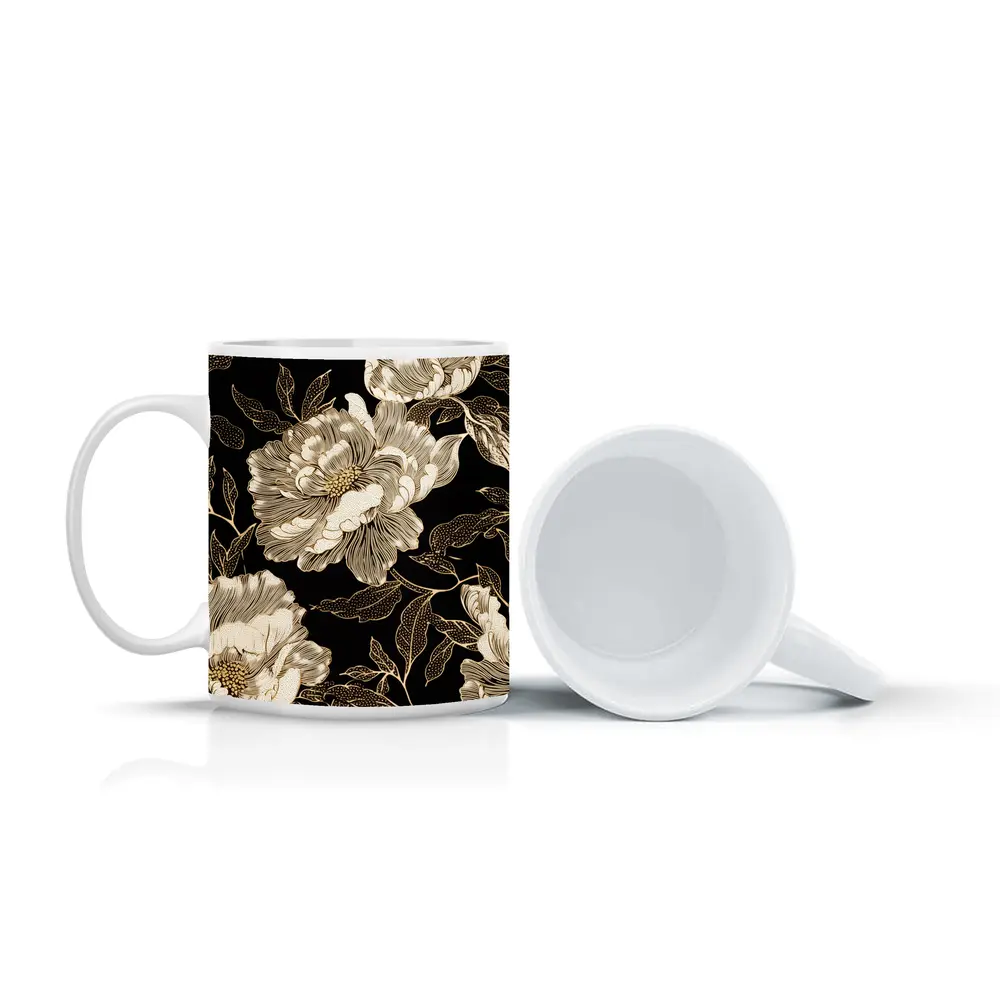 Black Gold Peony Floral Pattern Art – Mugs