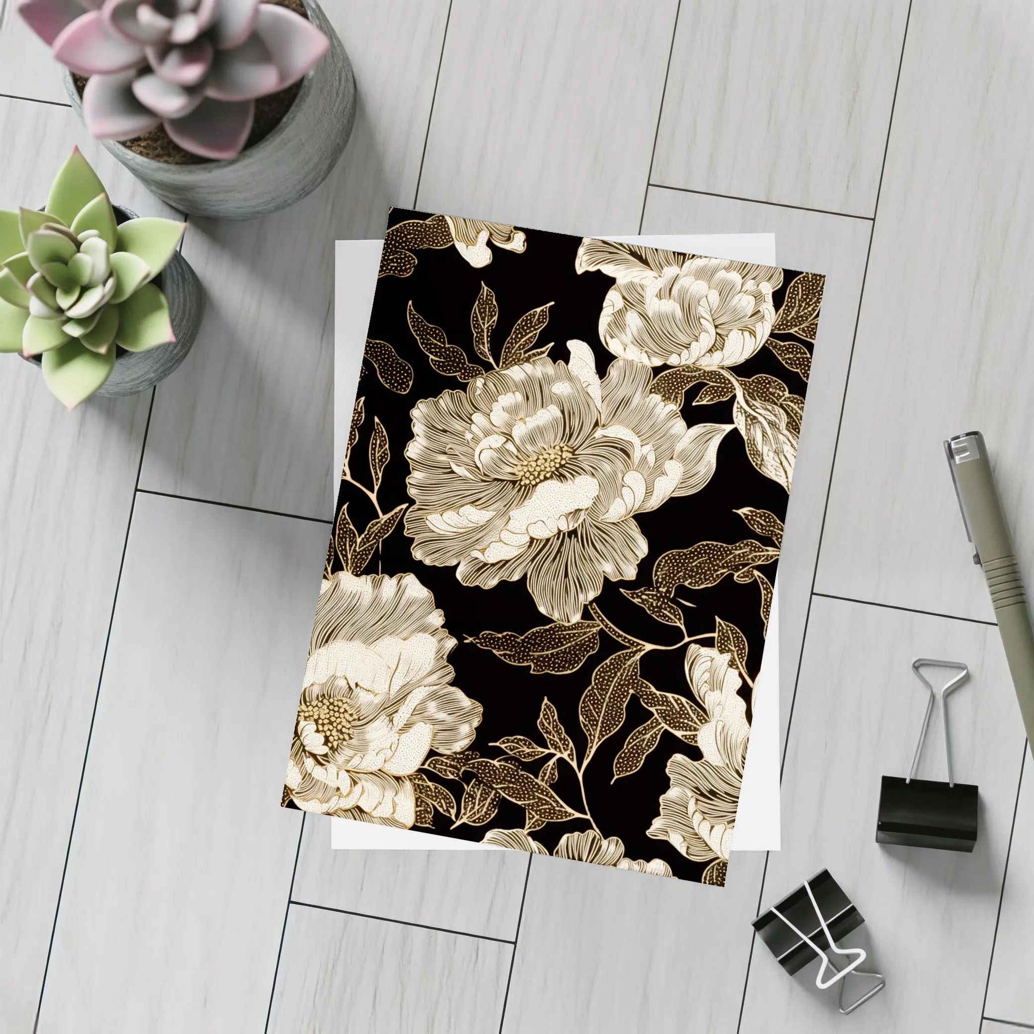 Black Gold Peony Floral Pattern Art – Postcards