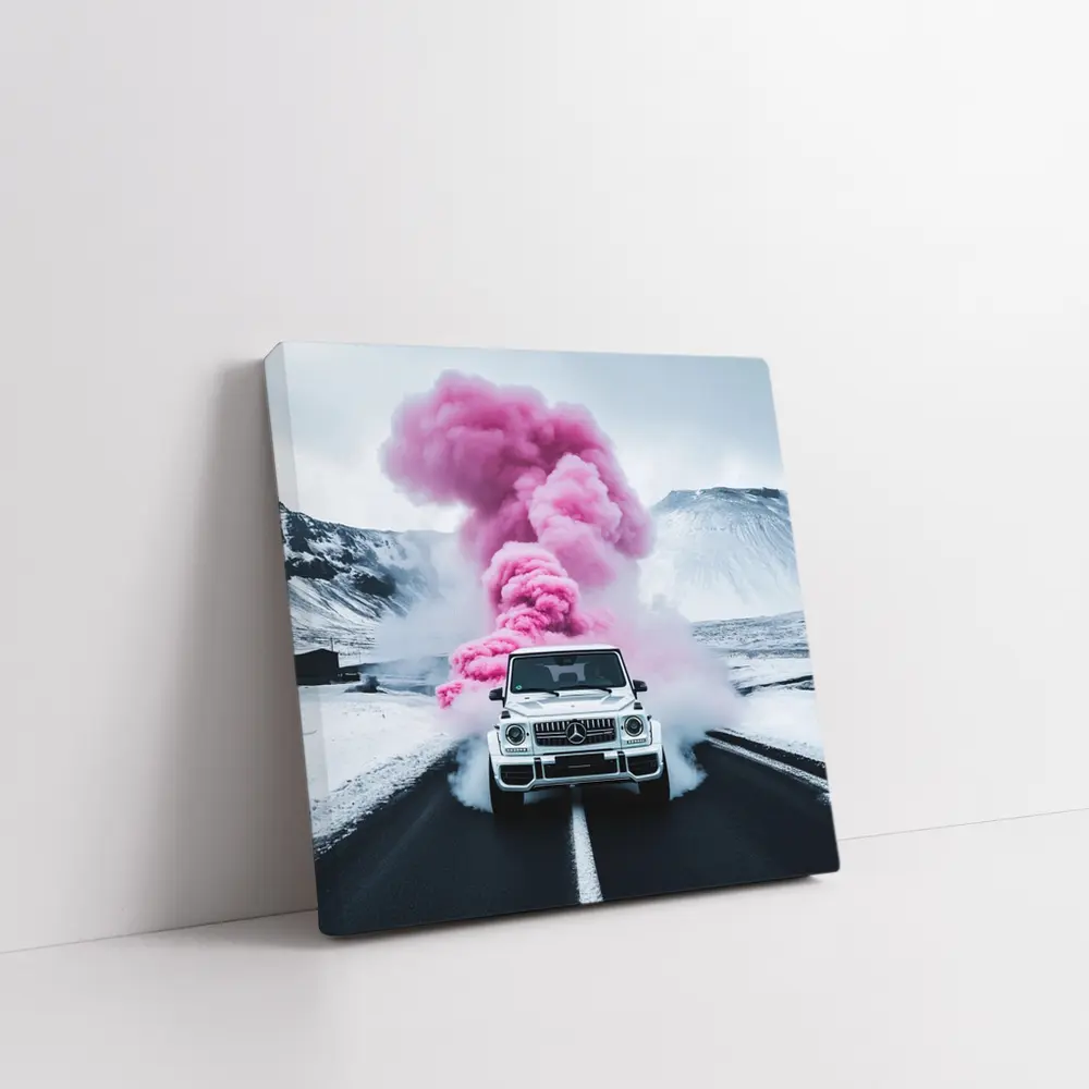 Mercedes G Wagen Pink Smoke Winter Road – Wall Art