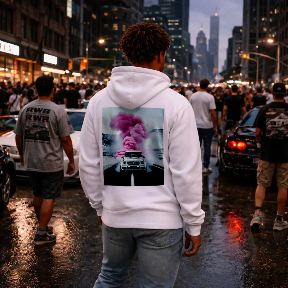 Mercedes G Wagen Pink Smoke Winter Road – Hoodies
