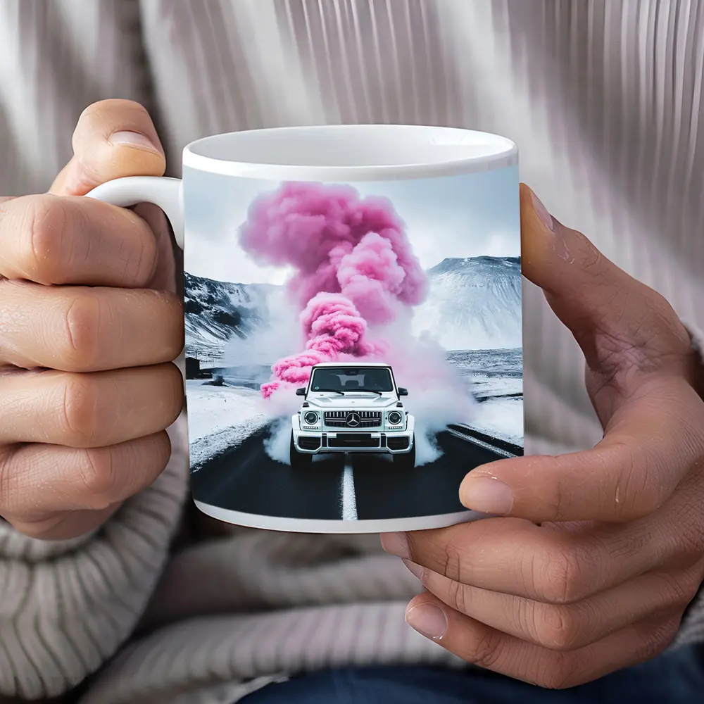 Mercedes G Wagen Pink Smoke Winter Road – Mugs