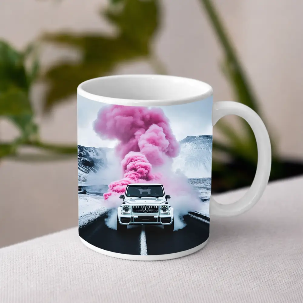 Mercedes G Wagen Pink Smoke Winter Road – Mugs