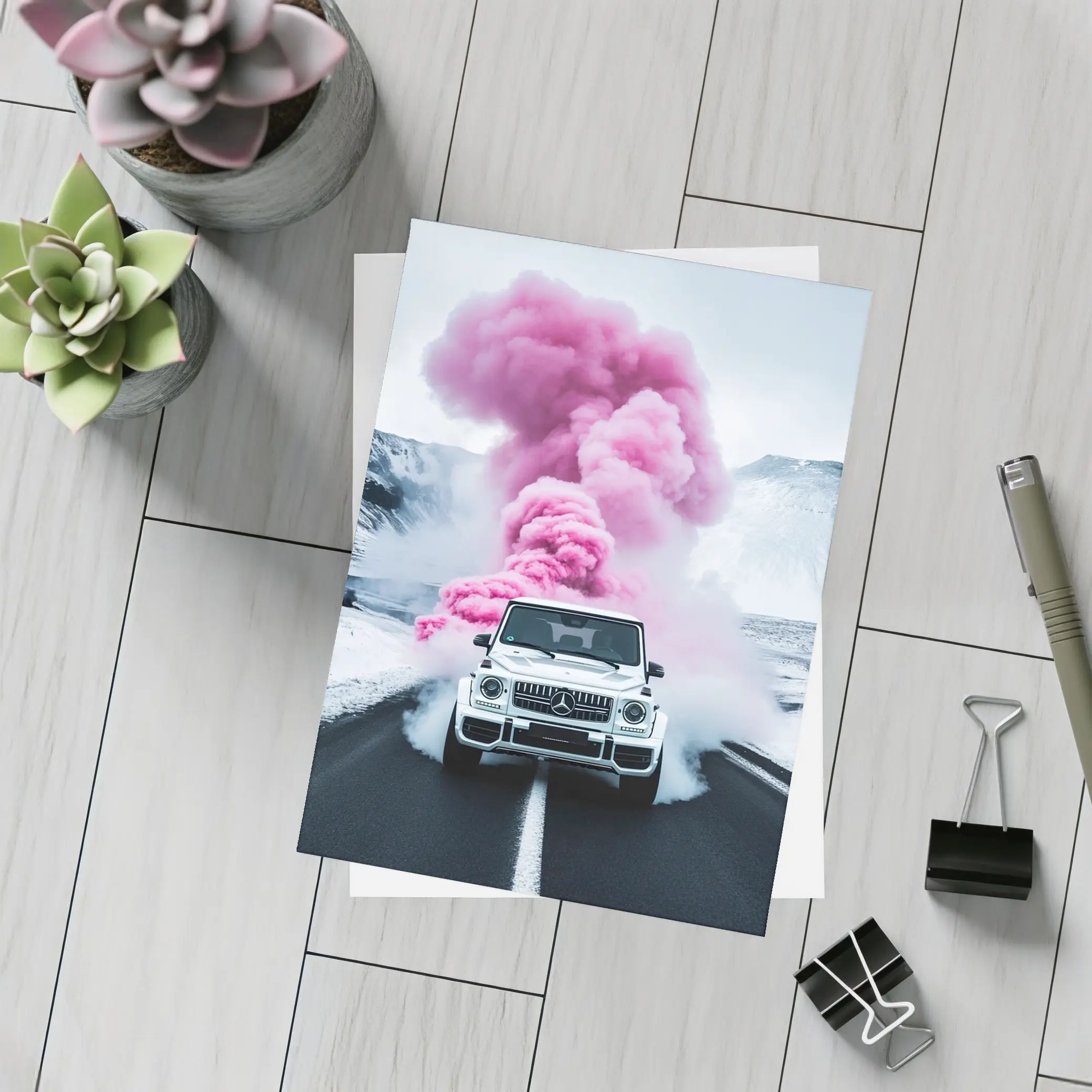 Mercedes G Wagen Pink Smoke Winter Road – Postcards