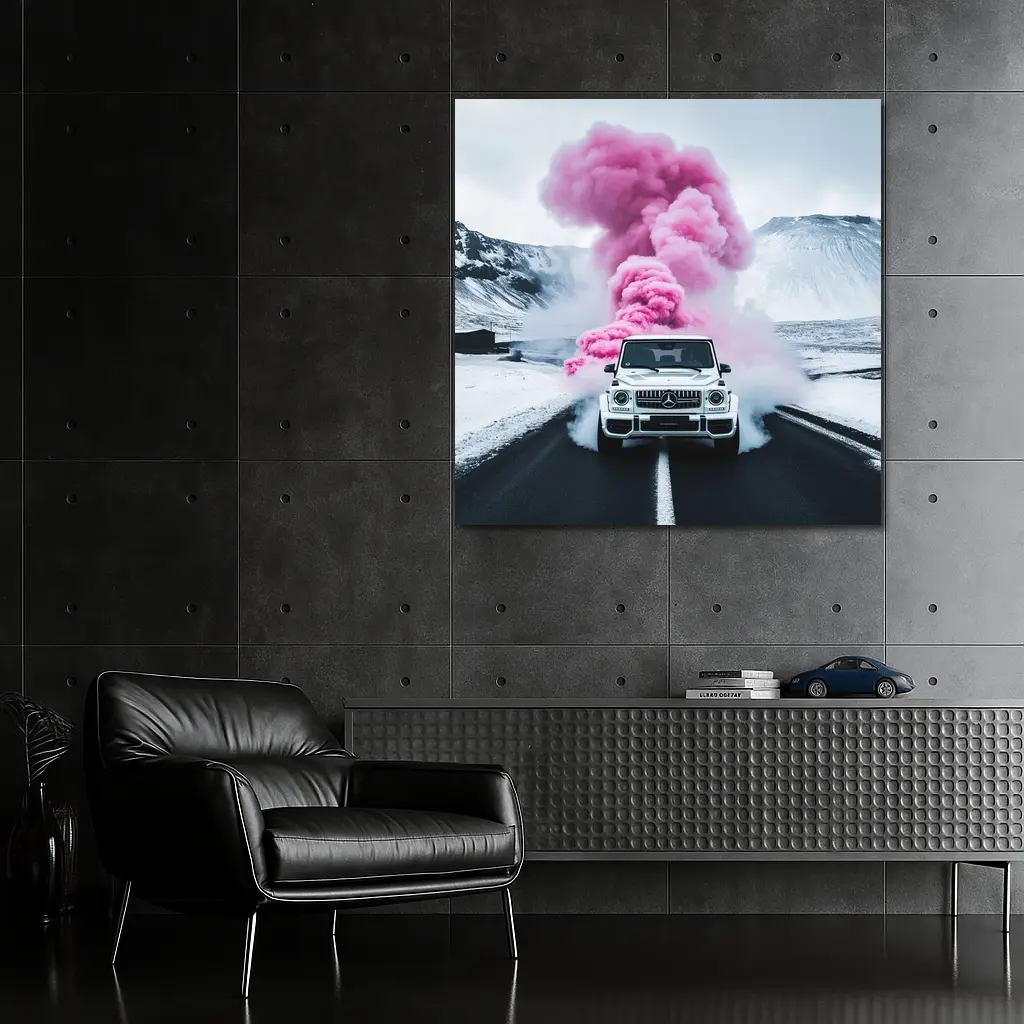Mercedes G Wagen Pink Smoke Winter Road – Wall Art