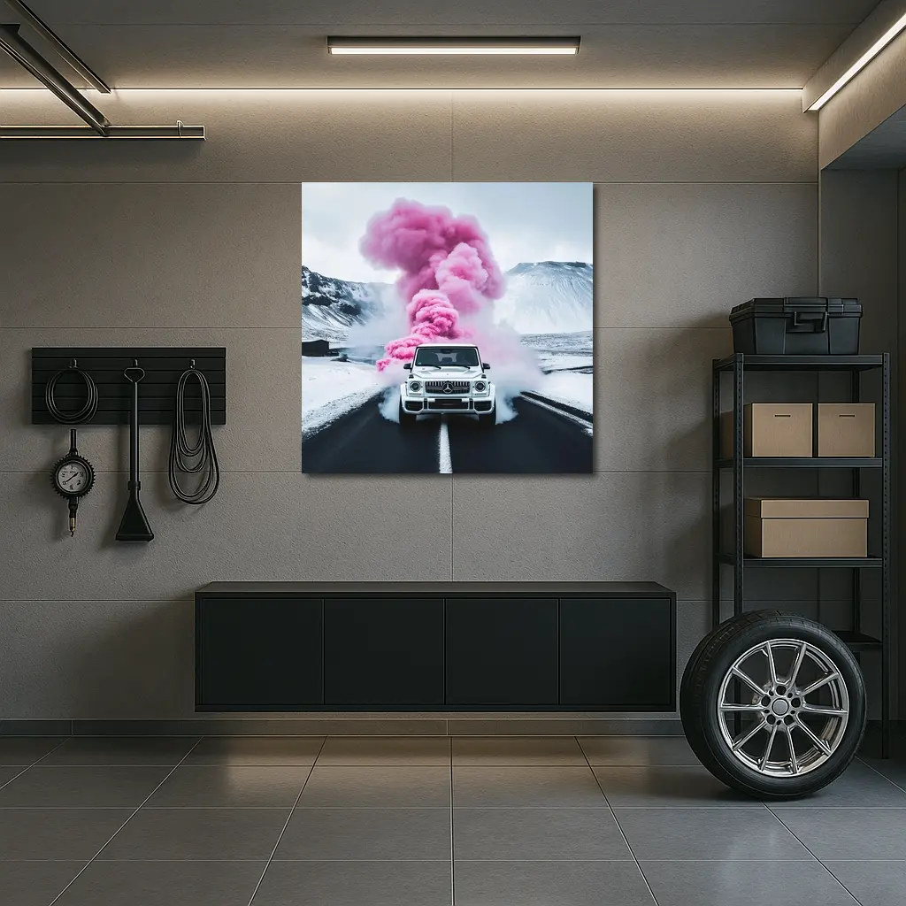 Mercedes G Wagen Pink Smoke Winter Road – Wall Art