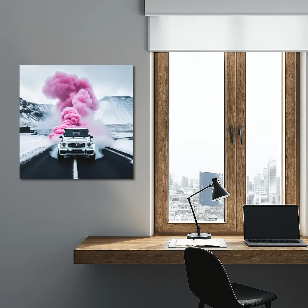 Mercedes G Wagen Pink Smoke Winter Road – Wall Art