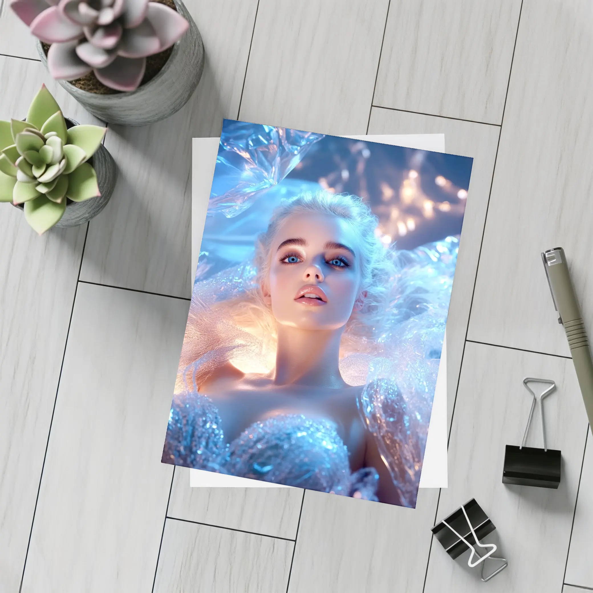 Ice Queen Woman Blue Fantasy Portrait Art – Postcards