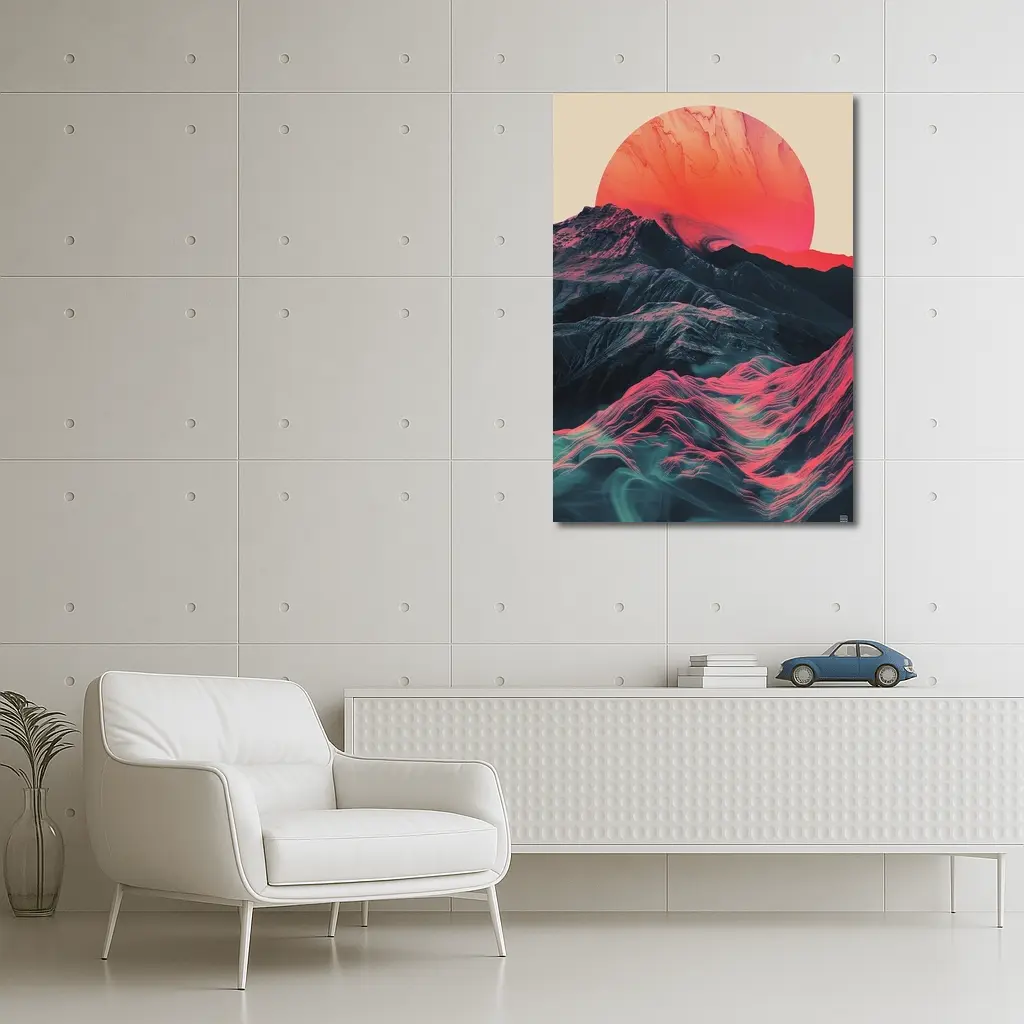 Red Sun Rising Over Abstract Mountain Landscape – Wall Art