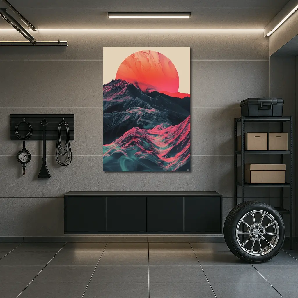 Red Sun Rising Over Abstract Mountain Landscape – Wall Art