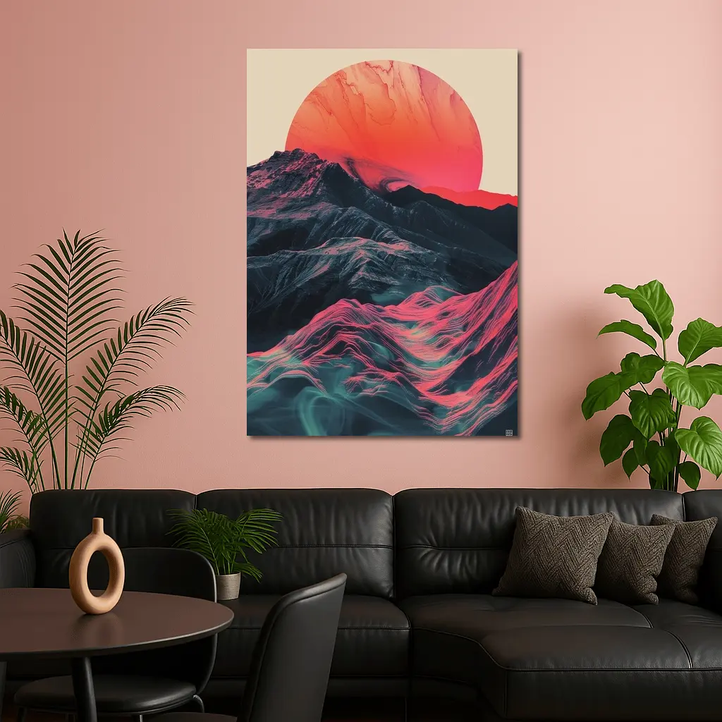 Red Sun Rising Over Abstract Mountain Landscape – Wall Art