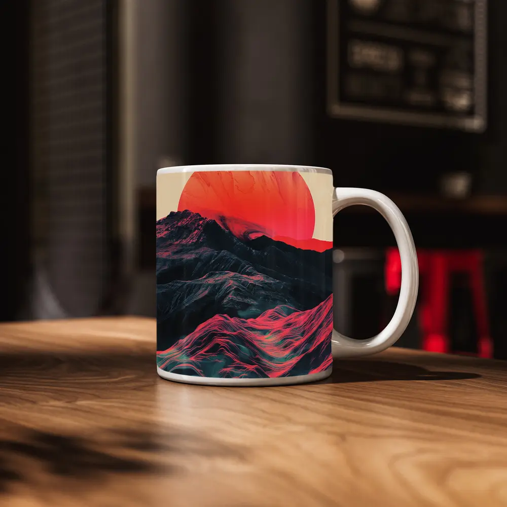 Red Sun Rising Over Abstract Mountain Landscape – Mugs