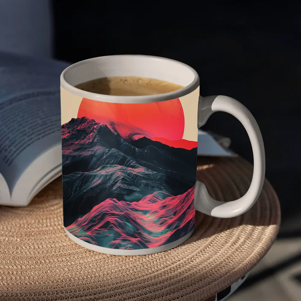 Red Sun Rising Over Abstract Mountain Landscape – Mugs