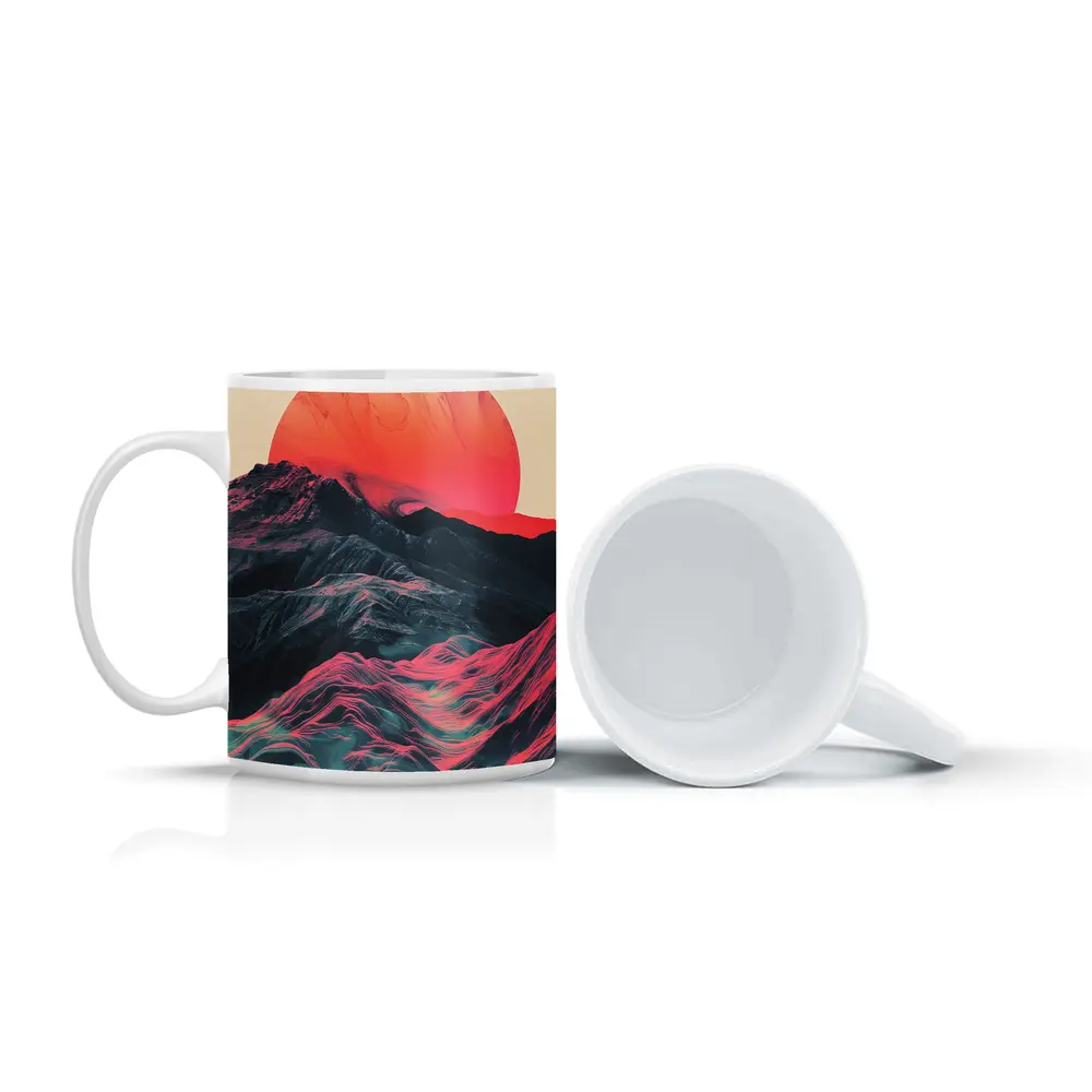 Red Sun Rising Over Abstract Mountain Landscape – Mugs