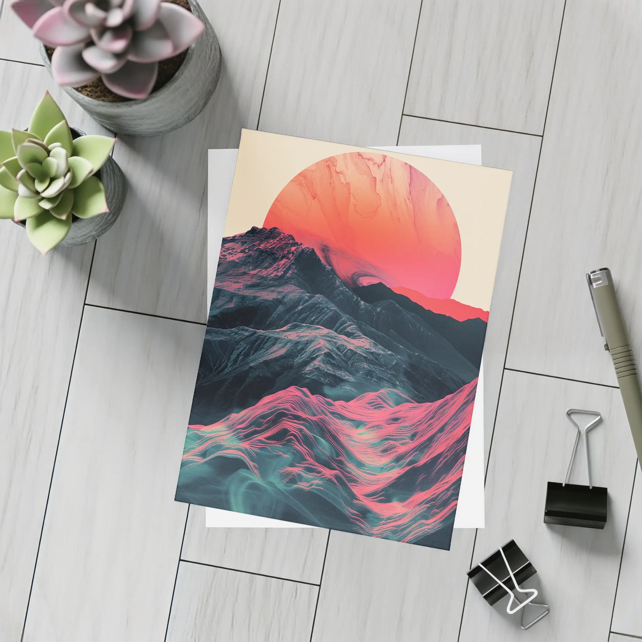 Red Sun Rising Over Abstract Mountain Landscape – Postcards