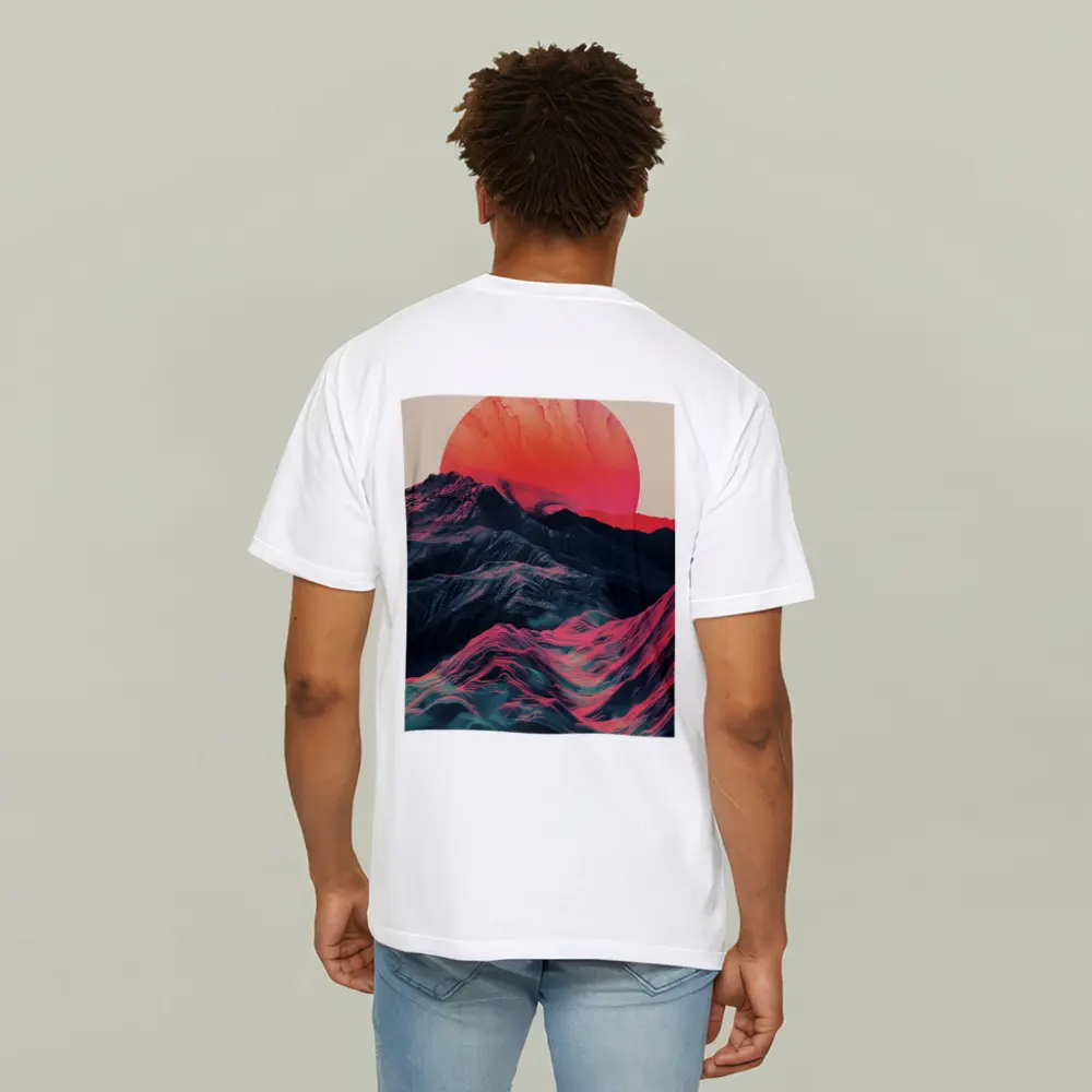 Red Sun Rising Over Abstract Mountain Landscape – T-Shirts