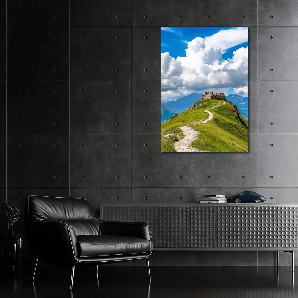 Ancient Castle Atop Green Mountain Path – Wall Art