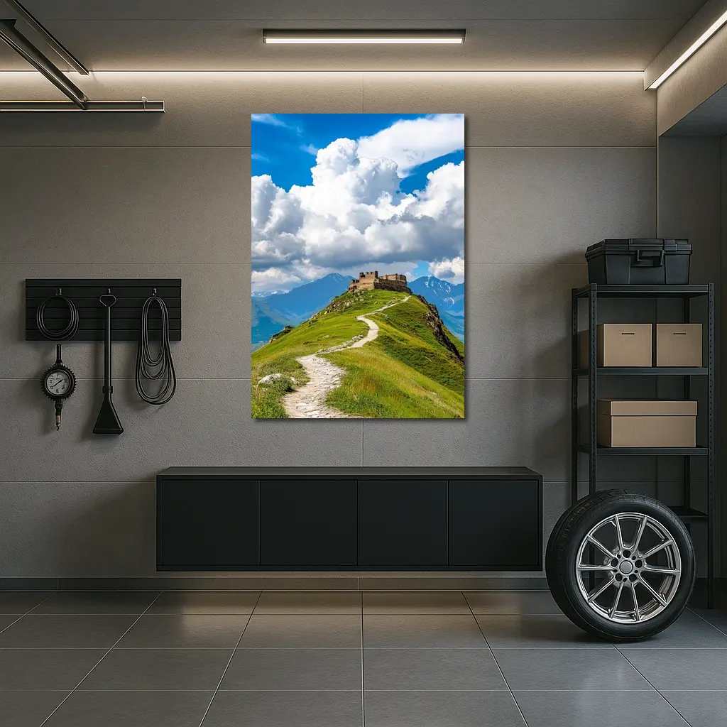 Ancient Castle Atop Green Mountain Path – Wall Art