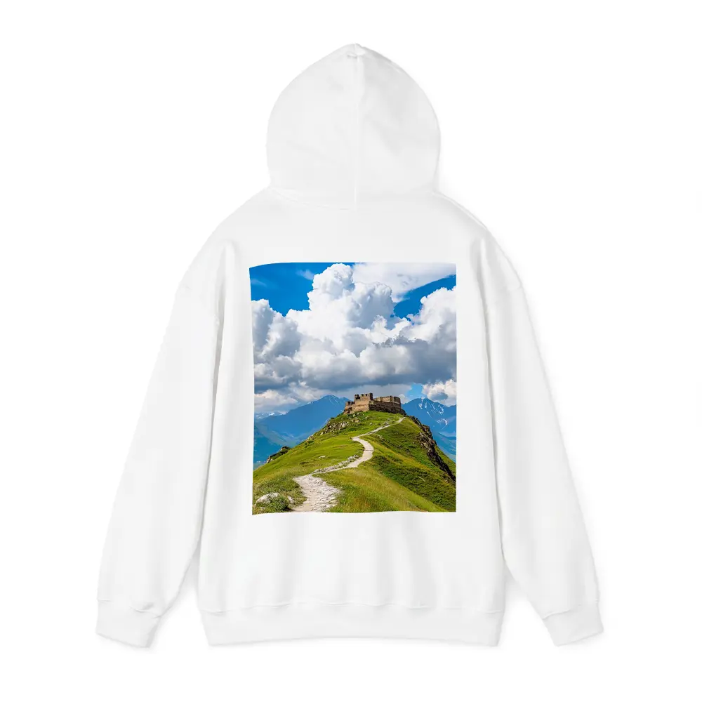 Ancient Castle Atop Green Mountain Path – Hoodies