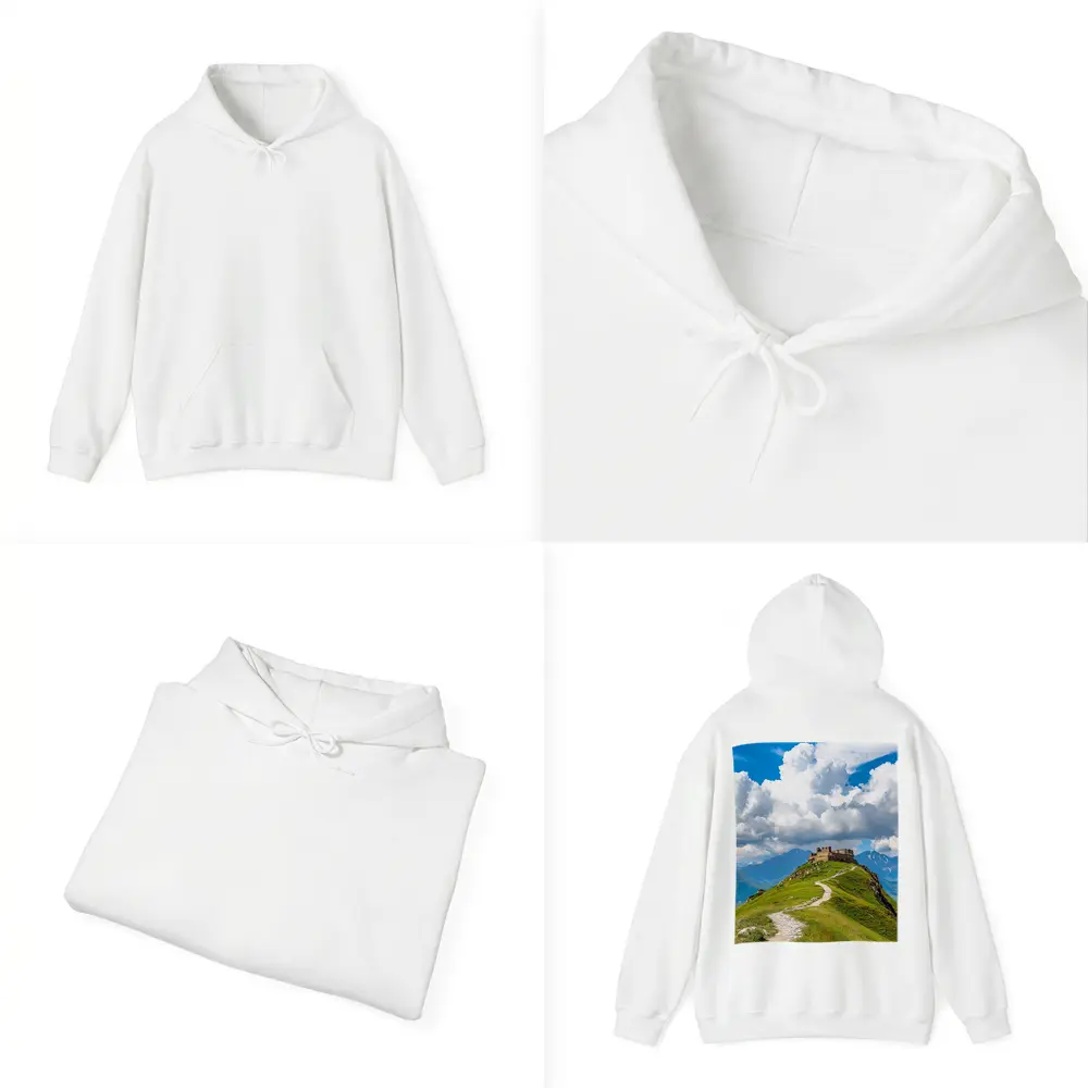 Ancient Castle Atop Green Mountain Path – Hoodies