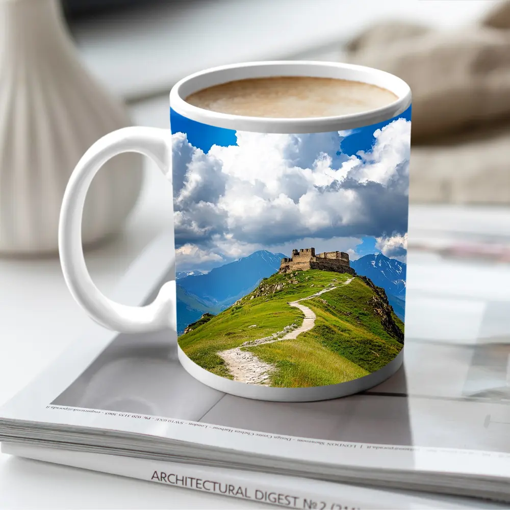 Ancient Castle Atop Green Mountain Path – Mugs
