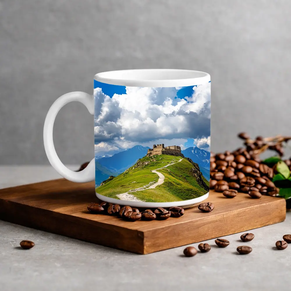 Ancient Castle Atop Green Mountain Path – Mugs