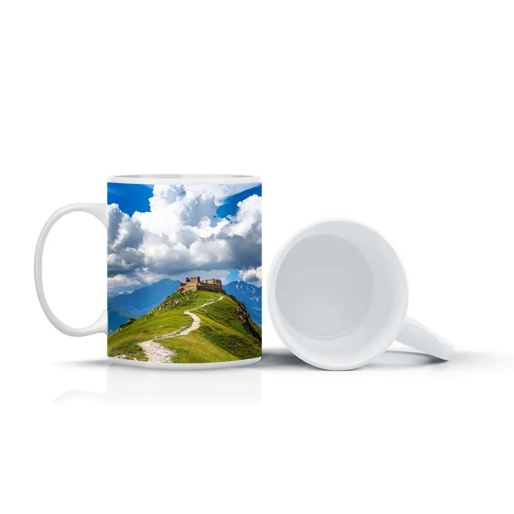 Ancient Castle Atop Green Mountain Path – Mugs