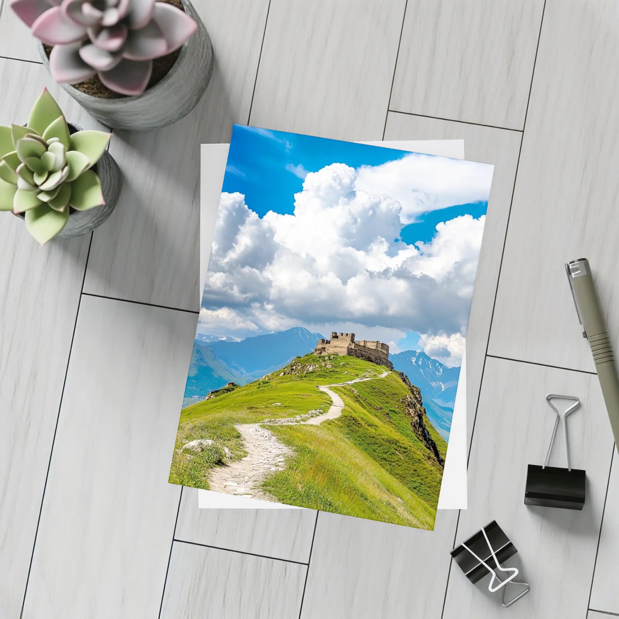 Ancient Castle Atop Green Mountain Path – Postcards