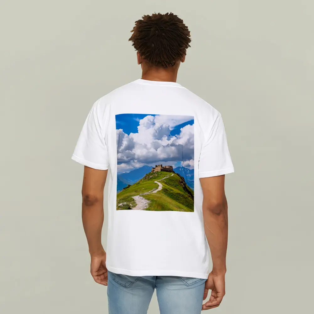 Ancient Castle Atop Green Mountain Path – T-Shirts