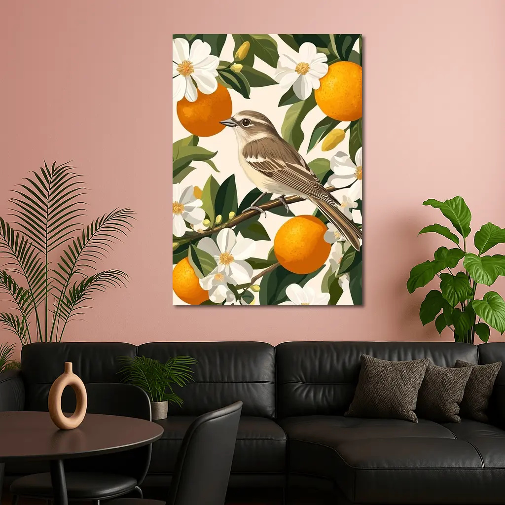 Sparrow Bird Perched On Orange Blossom Branch – Wall Art