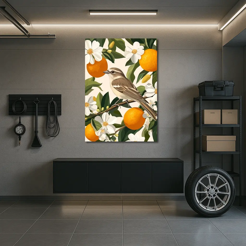 Sparrow Bird Perched On Orange Blossom Branch – Wall Art