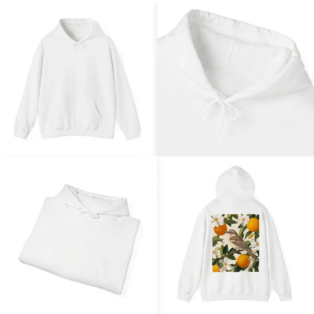 Sparrow Bird Perched On Orange Blossom Branch – Hoodies