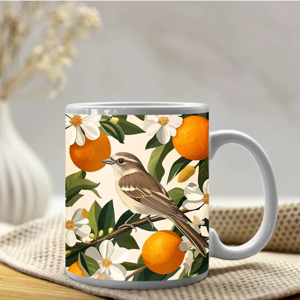 Sparrow Bird Perched On Orange Blossom Branch – Mugs