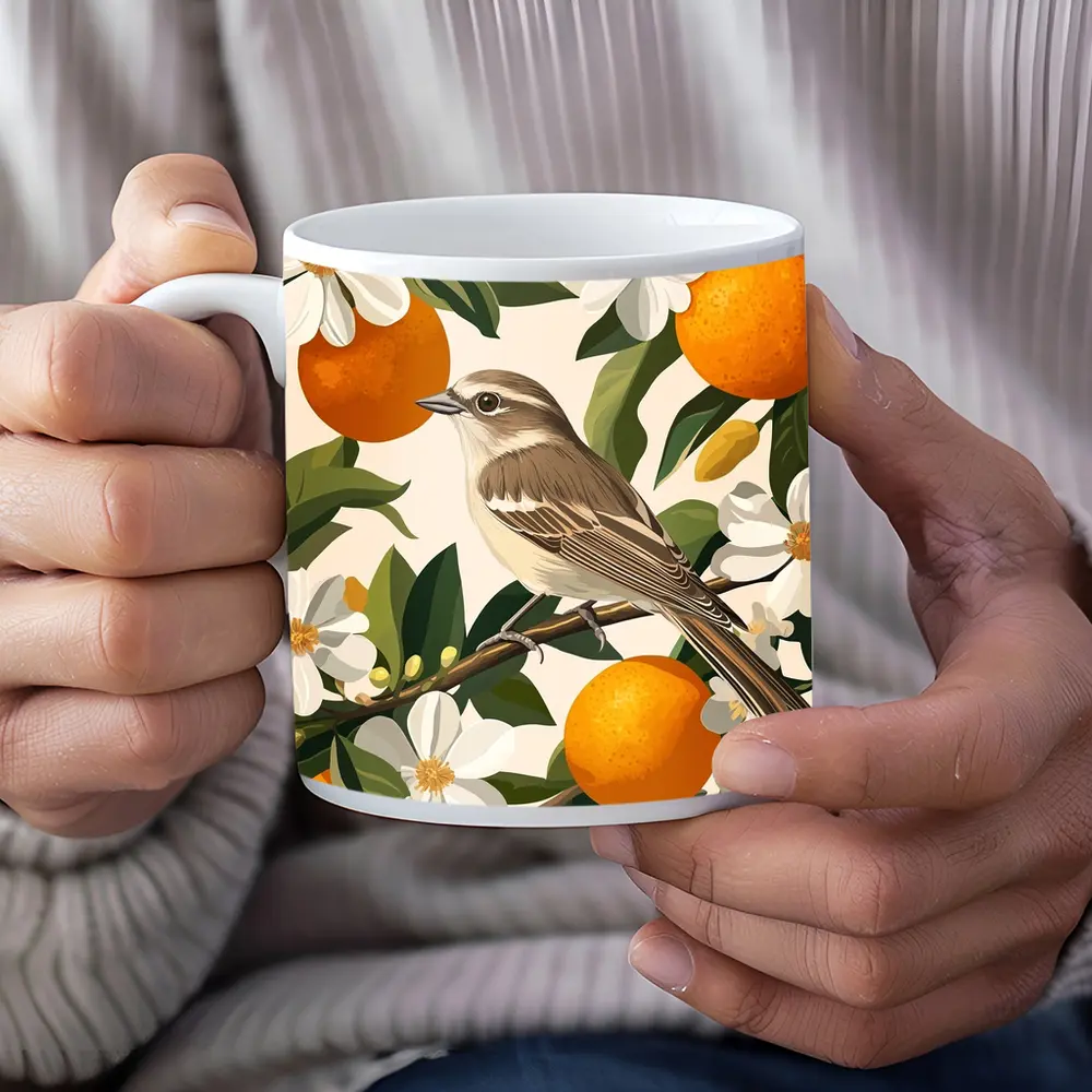 Sparrow Bird Perched On Orange Blossom Branch – Mugs