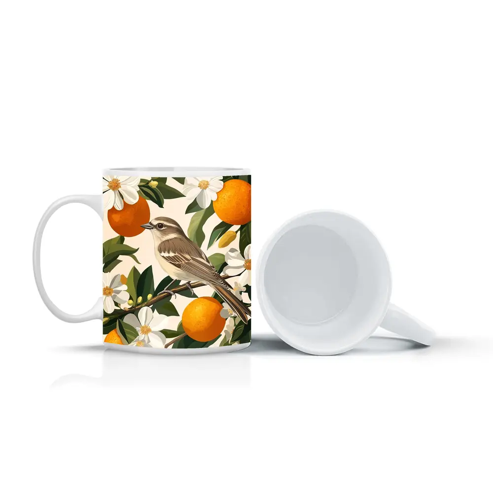 Sparrow Bird Perched On Orange Blossom Branch – Mugs