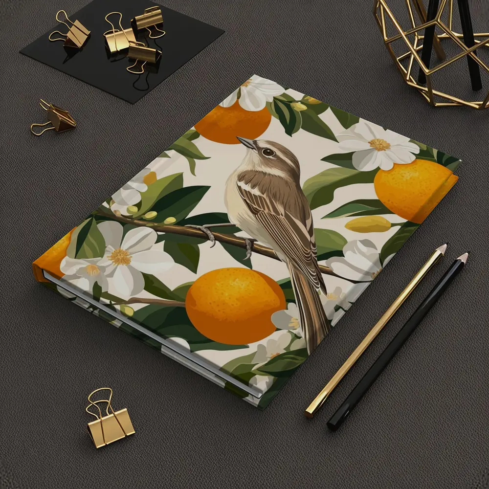 Sparrow Bird Perched On Orange Blossom Branch – Notebooks