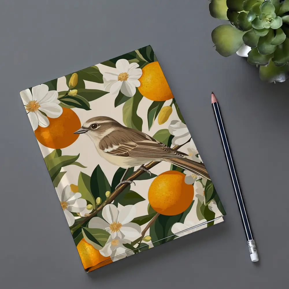 Sparrow Bird Perched On Orange Blossom Branch – Notebooks