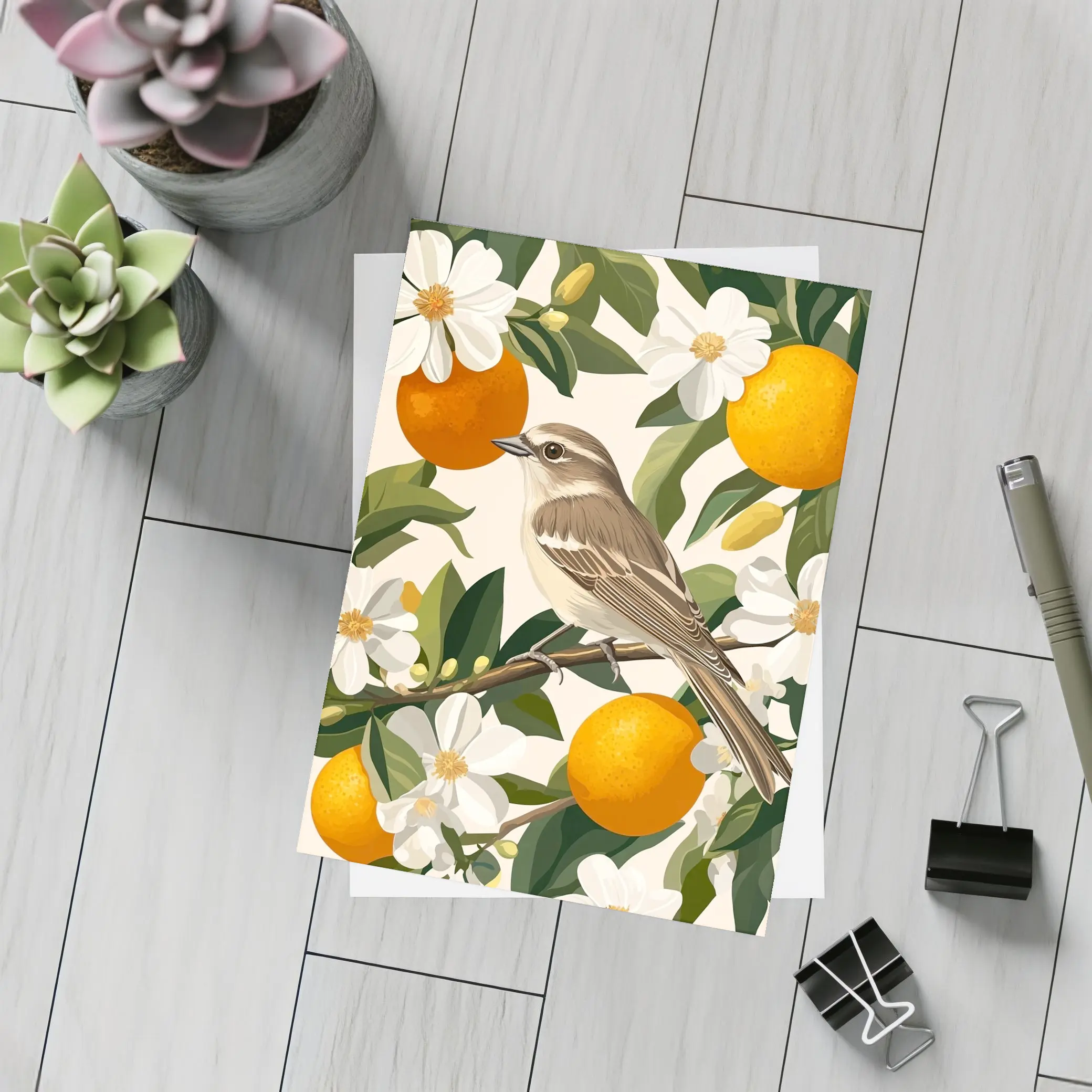 Sparrow Bird Perched On Orange Blossom Branch – Postcards