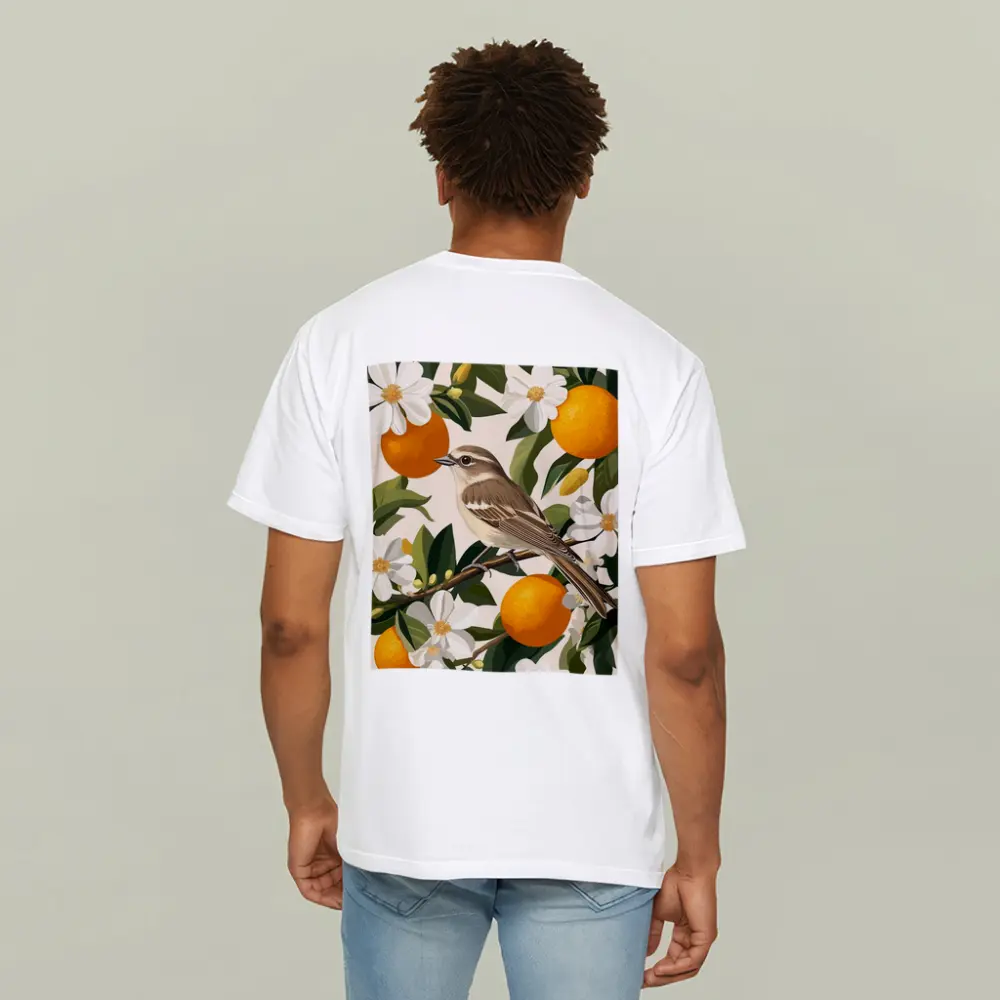 Sparrow Bird Perched On Orange Blossom Branch – T-Shirts