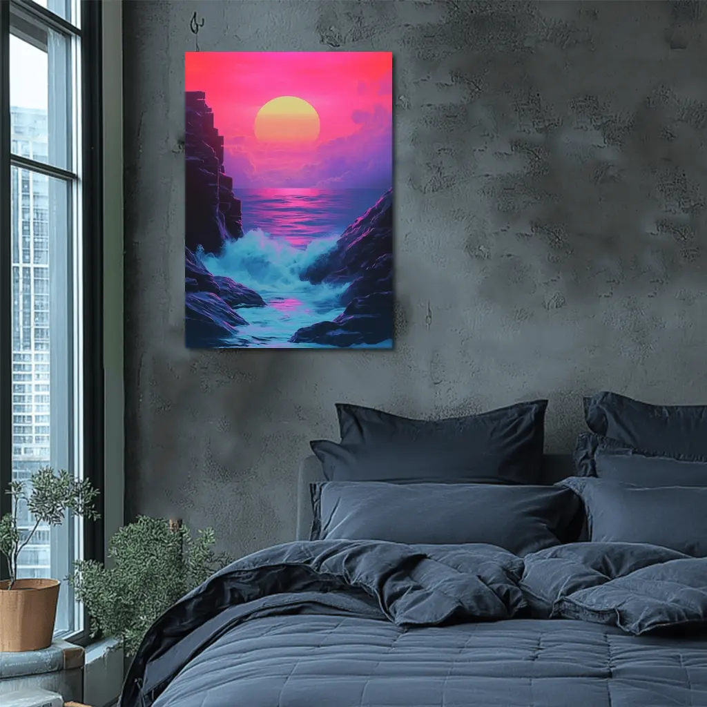 Retro Synthwave Sunset Ocean Rocky Coast – Wall Art