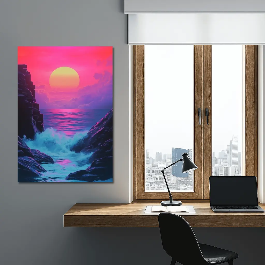 Retro Synthwave Sunset Ocean Rocky Coast – Wall Art