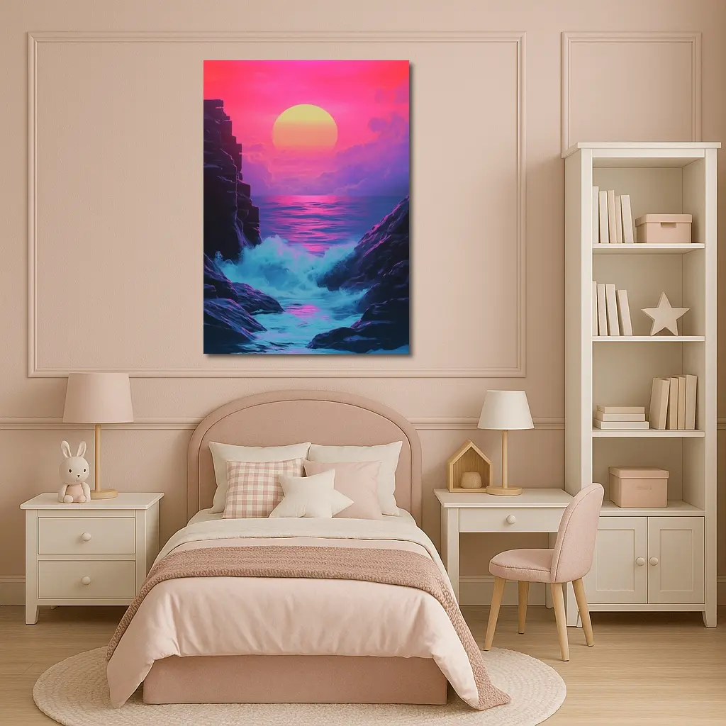 Retro Synthwave Sunset Ocean Rocky Coast – Wall Art