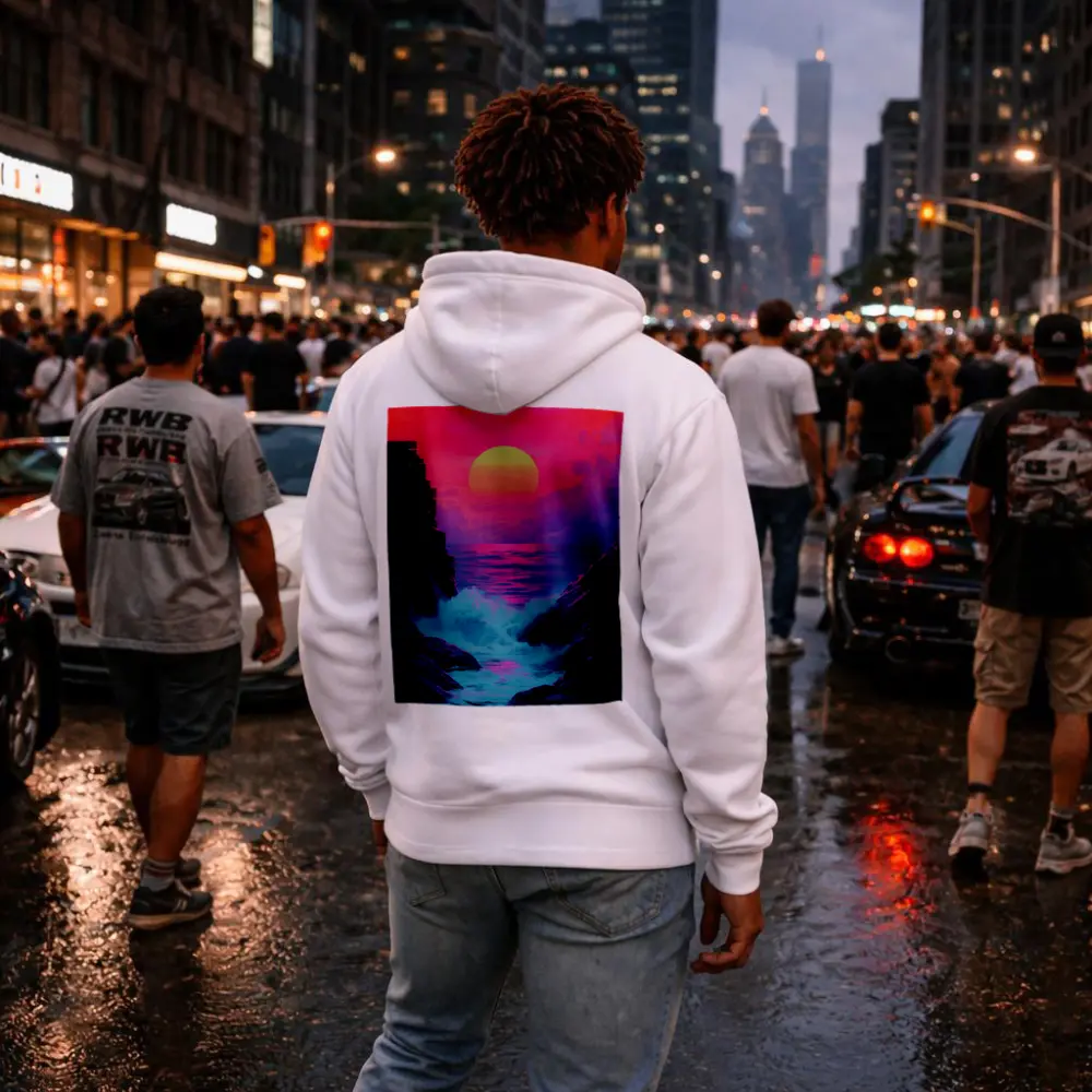 Retro Synthwave Sunset Ocean Rocky Coast – Hoodies