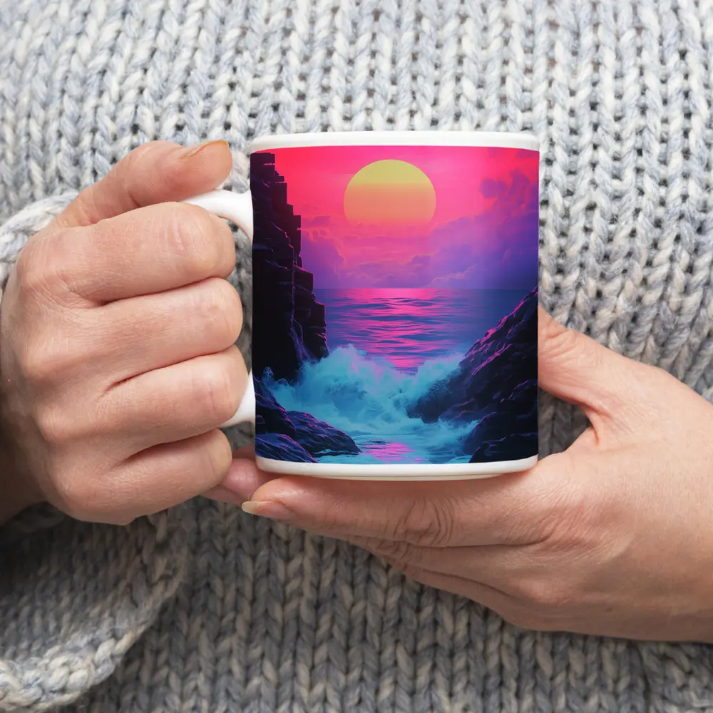 Retro Synthwave Sunset Ocean Rocky Coast – Mugs