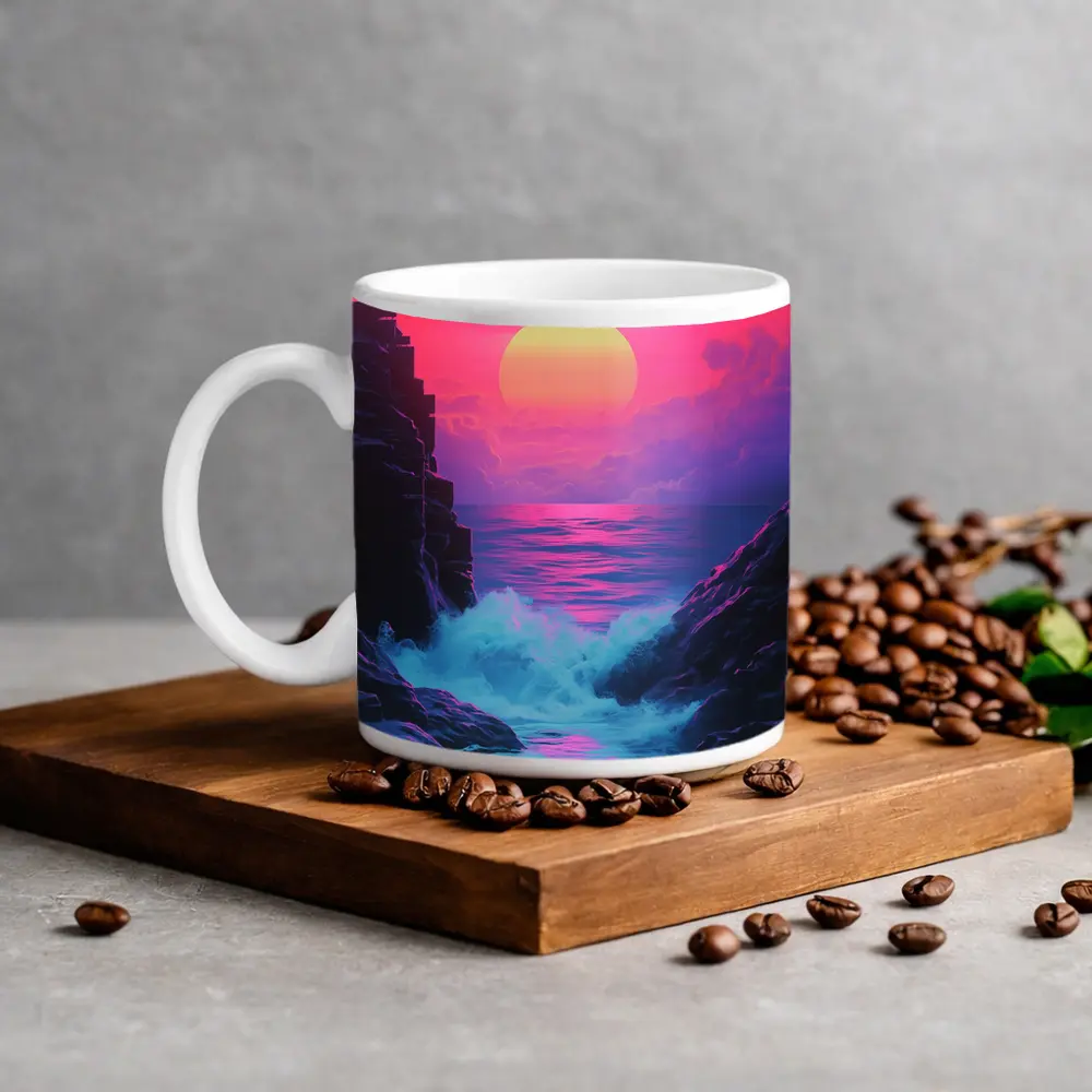 Retro Synthwave Sunset Ocean Rocky Coast – Mugs