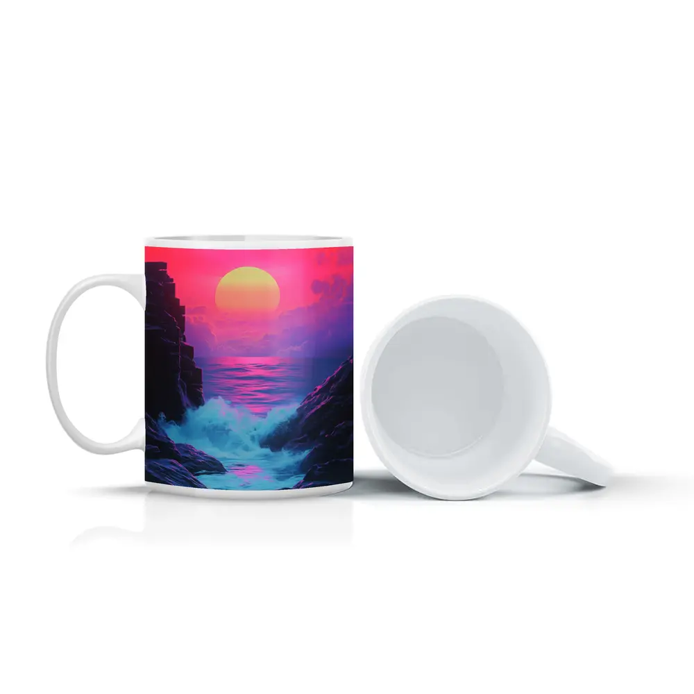 Retro Synthwave Sunset Ocean Rocky Coast – Mugs