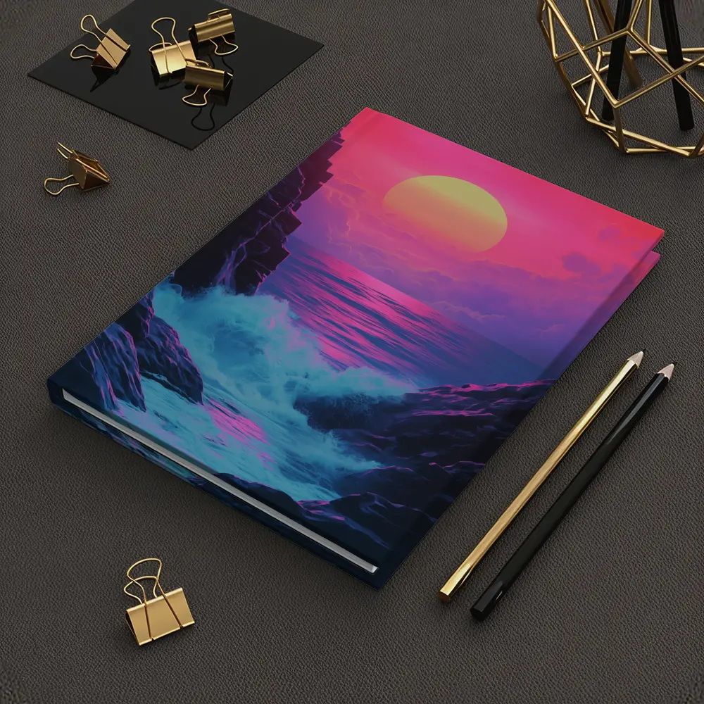 Retro Synthwave Sunset Ocean Rocky Coast – Notebooks